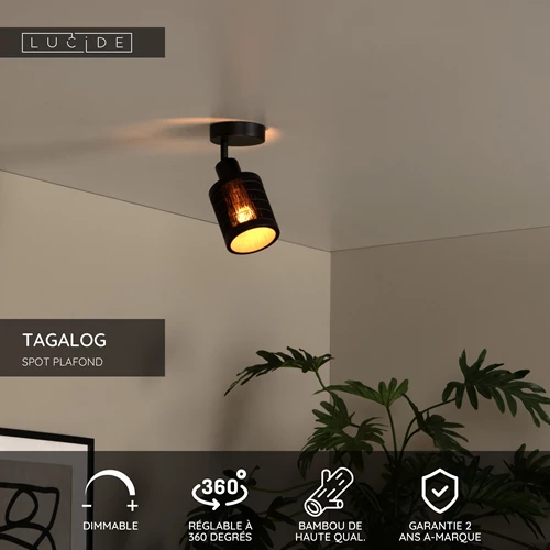 Lucide TAGALOG - Spot plafond - Ø 10 cm - 1xE27 - Noir - USP